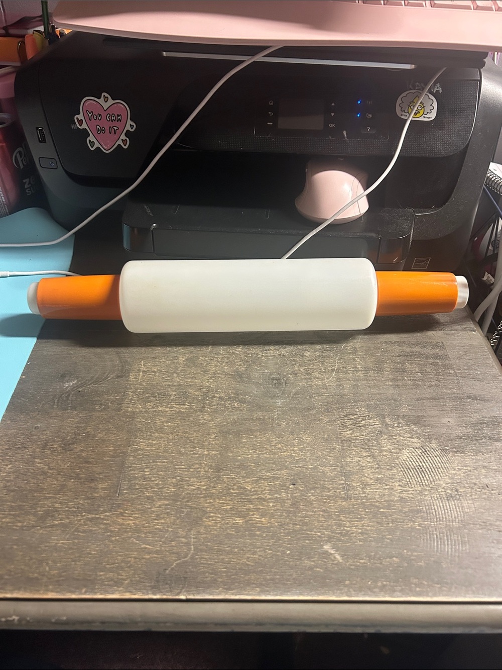 vintage Tupperware "Fill 'n Chill" plastic rolling pin with orange handles